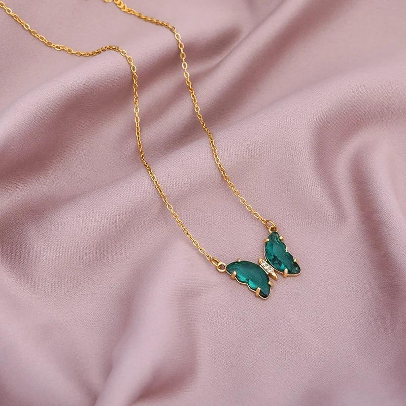 Ожерелья-колье из нержавеющей стали с бабочкой, женское 10 стилей, красочные прозрачные хрустальные подвески в виде бабочки, цепочка на ключицы, ювелирные изделия