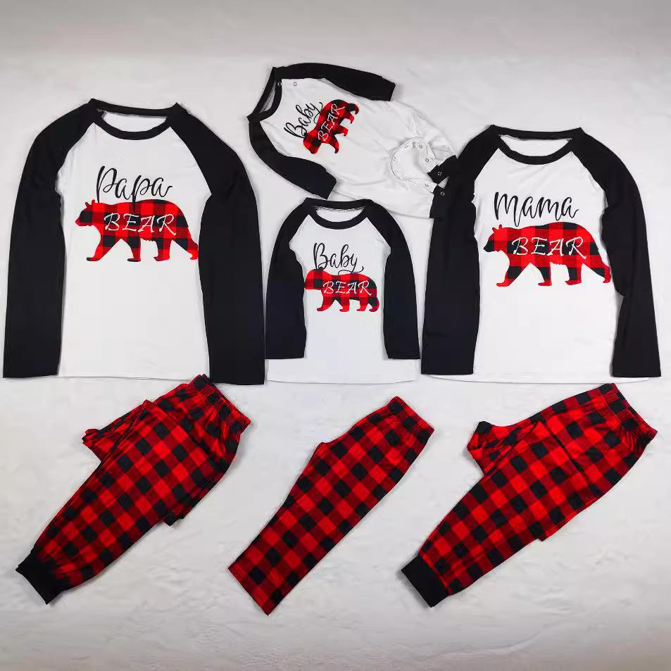 New autumn Christmas parent-child clothing set, plaid bear print loungewear pajama set