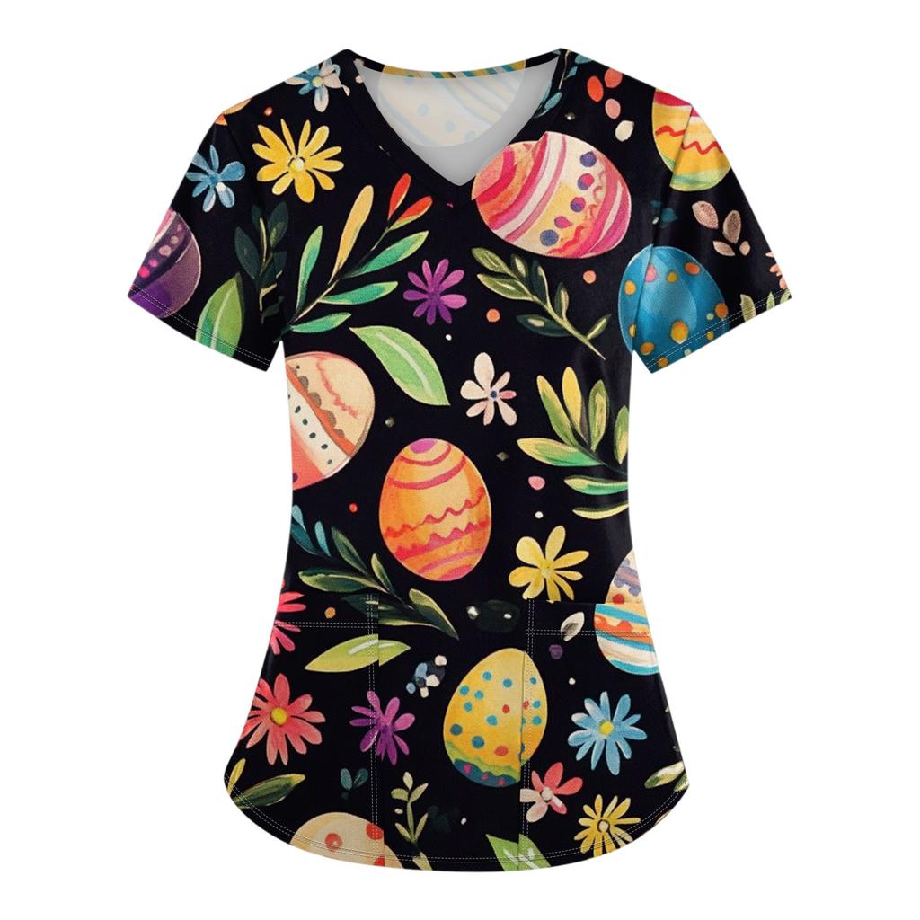 Женские модные комбинезоны с коротким рукавом и V-образным вырезом, с карманами, пасхальные топы с принтом, одежда