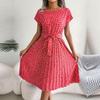 Spring Summer Women Short Sleeve Floral Pleated High Waist A Line Long Dress S-XL