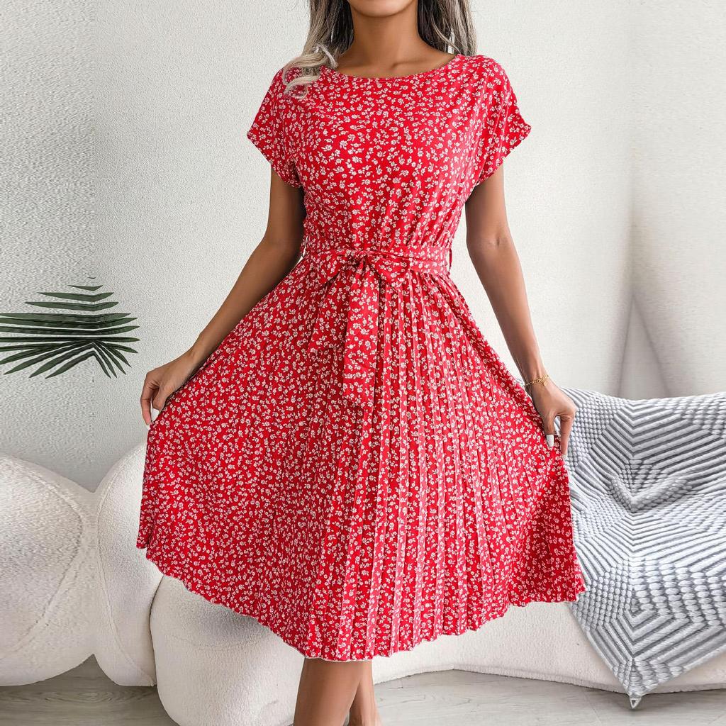 Spring Summer Women Short Sleeve Floral Pleated High Waist A Line Long Dress S-XL