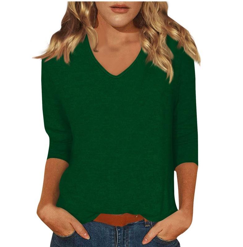 Women's Daily Versatile Casual V-Neck Solid Color Seven-Sleeve T-Shirt Top