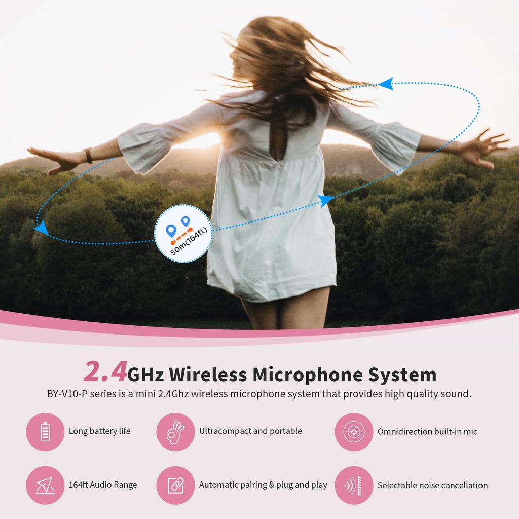BOYA Wireless Lavalier Microphone, Omnidirectional, External Mini Lapel Microphone for iPhone, iPad, and Android Phones, Lightning USB-C (Pink, USB-C