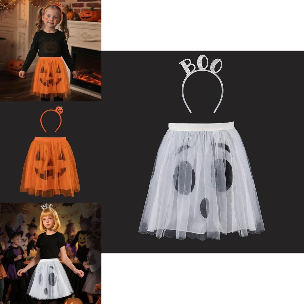 Halloween Ghost Face Pumpkin Veil Dress And Headband Set For Kids