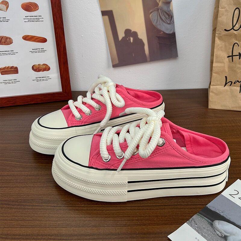 Кремово-белые туфли на платформе с двумя носками из парусины, женские, новые осенние туфли 2024 года, дышащие, полудышащие, с одной педалью, белые туфли