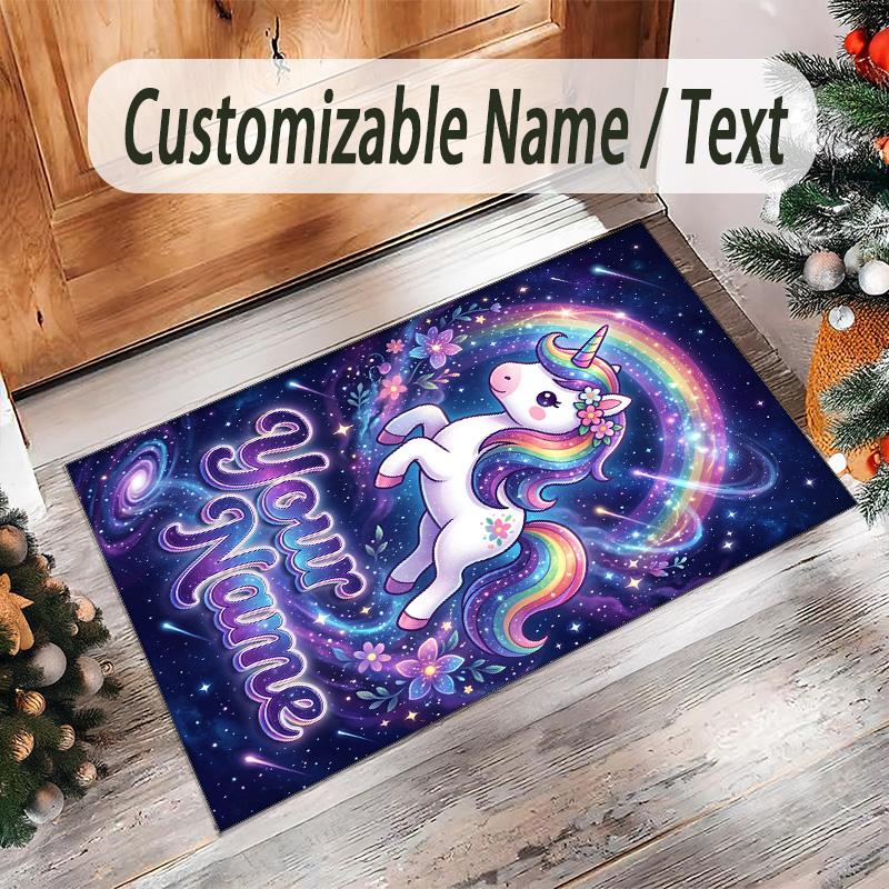 Unicorn Theme Crystal Velvet Floor Rug Personalized Custom Name Text Warm Carpet Home Decoration