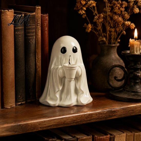 Cute Resin Ghost Figurines Halloween Figurine, Tabletop Ornament with Black Cat And Whimsical for Coffee Cup Decor Home Office Bookshelf