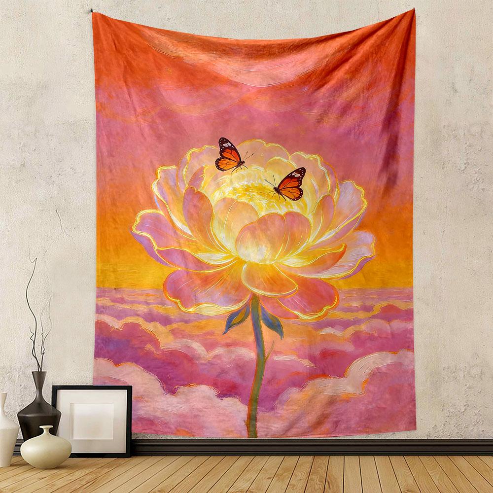 Golden Bloom with Butterflies in Sunset Patterned tapestry home decor, suitable for bedroom and living room, gift