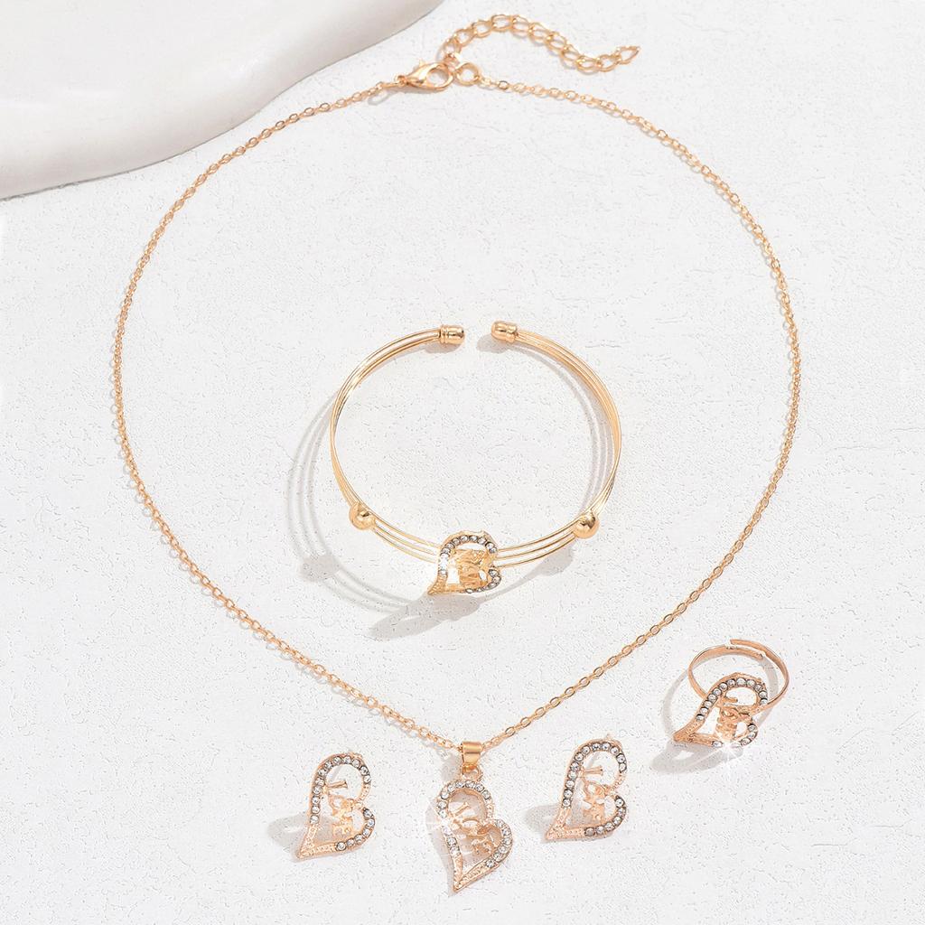 Light Luxury Simple Delicate Gold Diamond Heart Necklace Earrings Bracelet Ring Set
