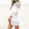 Летнее женское пляжное мини-белое платье, элегантное однотонное пляжное платье с коротким рукавом и круглым вырезом, кружевное крючком с цветочным принтом, Vestidos