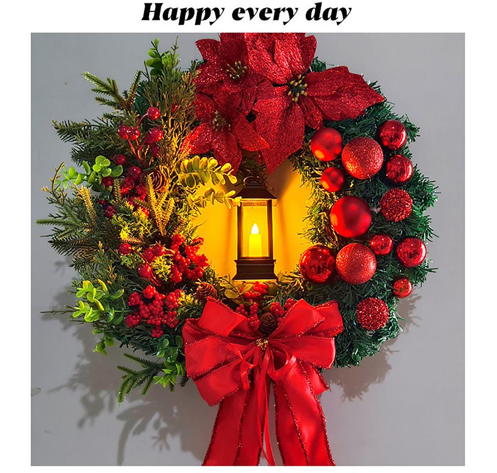 30/40CM Christmas Wreath Elegant Red Christmas Wreath with Warm Lamp Red Round Garland for Window Door Wall Ornament Decor