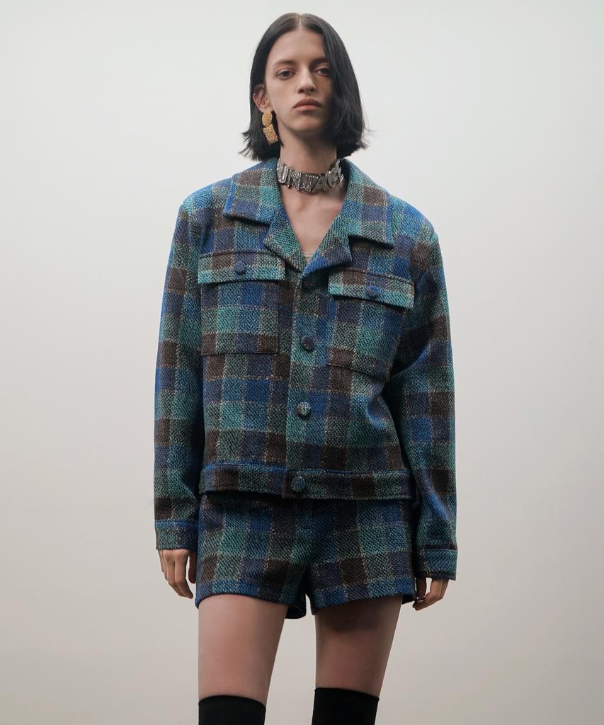 Untage Flap Pocket Check Tweed Jacket [Blue(Man)]_Uto-Fb09