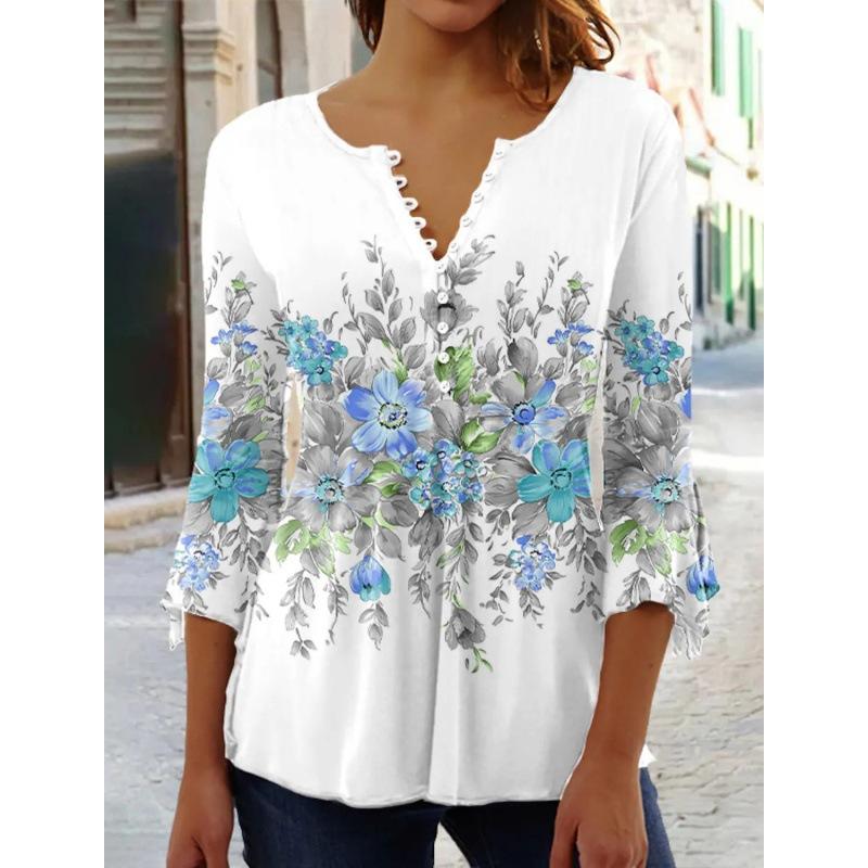 Весенне-летние топы, женская плиссированная футболка на пуговицах с v-образным вырезом и рукавами 3/4 с цветочным принтом