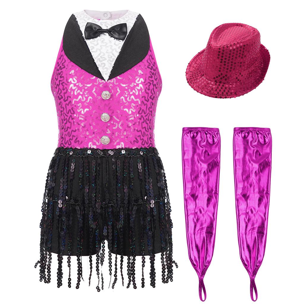 Латинский джазовый танцевальный купальник для девочек, без рукавов, с вырезом-замочной скважиной на спине, с пайетками, кисточками, металлическими перчатками и шапочкой