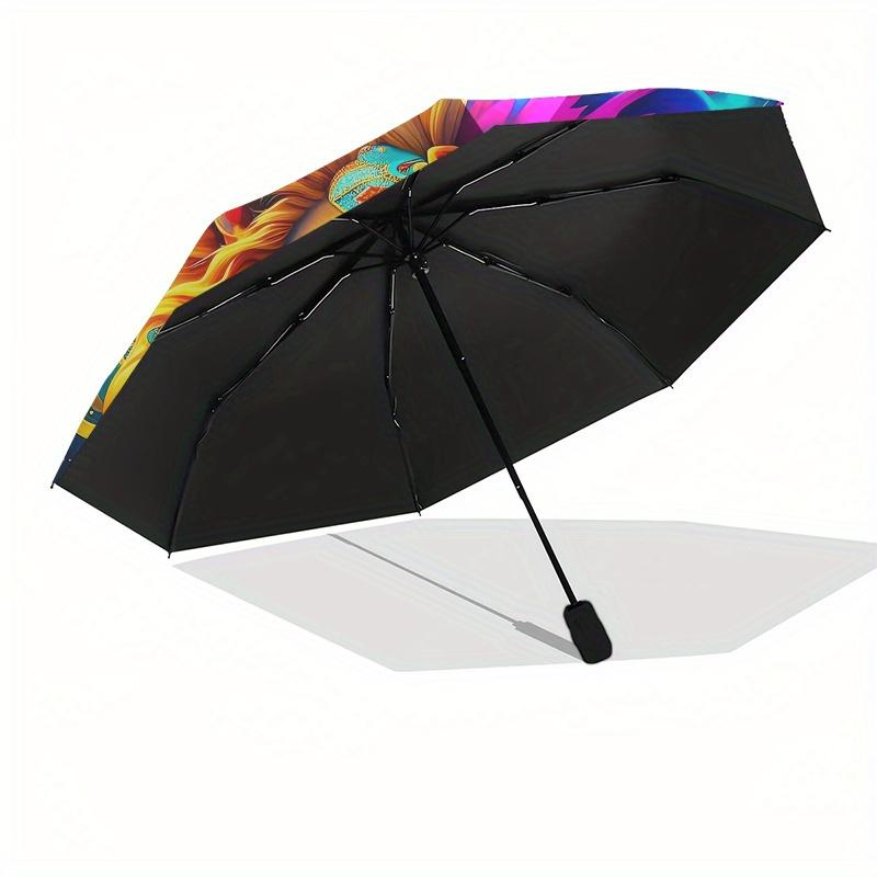 Lion, Fantasy Automatic Folding Umbrella 8 Ribs, Durable Iron Frame, Bright Color Pattern Compact Travel Umbrella, Suitable for Outdoor, Be