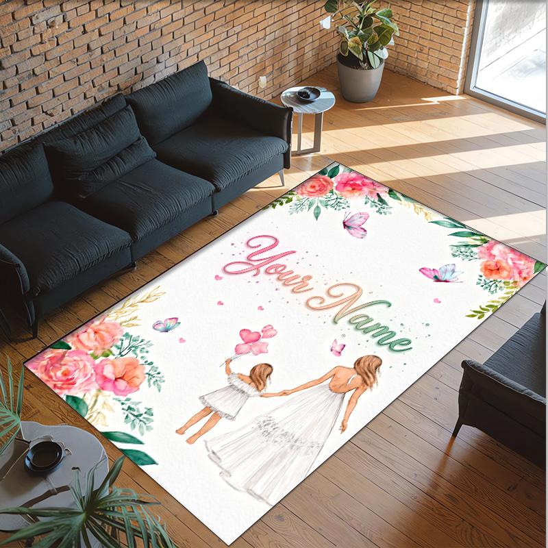 Floral Theme Crystal Velvet Rug Personalized Custom Name Text Soft Floor Mat Home Decor