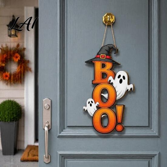 Halloween Boo Ghost Sign Sign Wooden Door Hanger Cute Front Plaque Witch Hat Hanging for Wall Decor Decorative