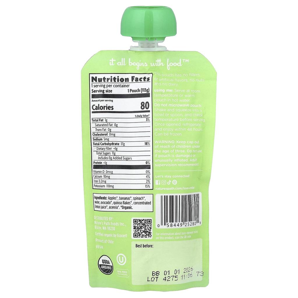 Love Child Organics, Nature's Path, Органическое детское пюре, 6+ месяцев, Яблоко, Банан, Шпинат, Авокадо, 4 унции (113 г)