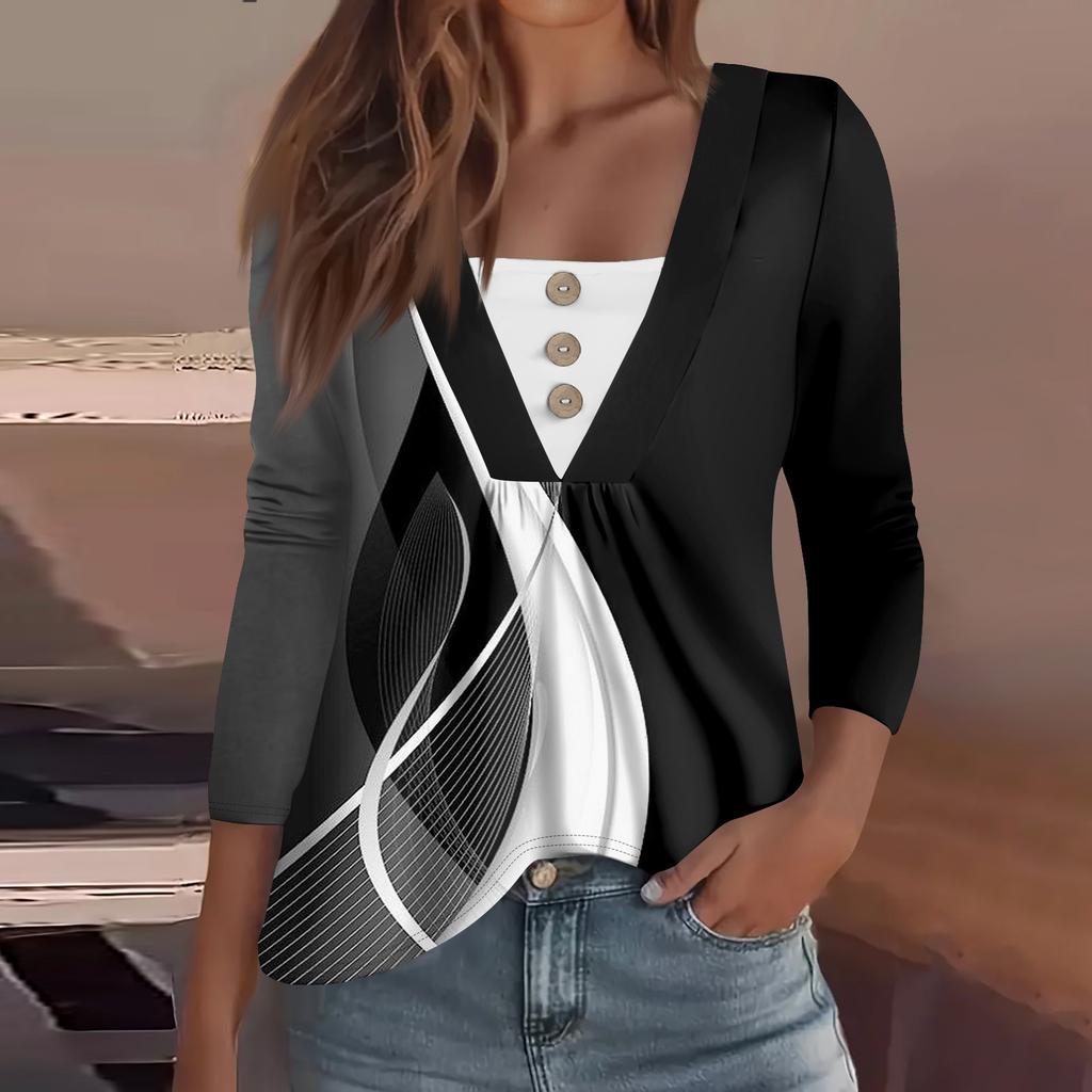 Women's Fashion Casual Long Sleeve Shirt Floral Printed Button V Neck Up Tops