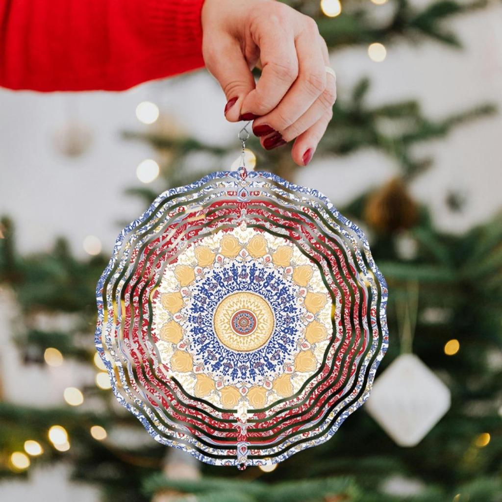 Bohemian Style 10 Inch Hanging Wind Spinner Vibrant Blue Red Yellow Floral Pattern Metal Art Chime for Balcony Patio Garden Decor All Season Gift
