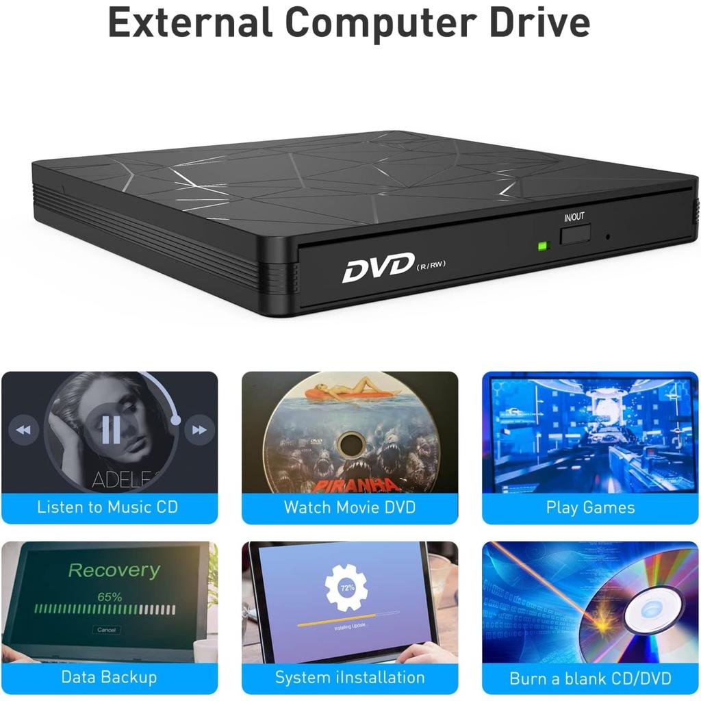 Внешний DVD RW привод, Портативный USB 3.0/Type-C CD привод для записи с бесшумной конструкцией, Оптические считыватели привода +/-RW для ноутбука, настольного компьютера