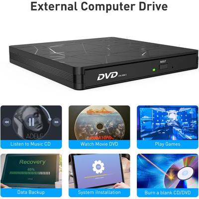 Внешний DVD RW привод, Портативный USB 3.0/Type-C CD привод для записи с бесшумной конструкцией, Оптические считыватели привода +/-RW для ноутбука, настольного компьютера