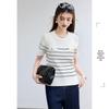 VICTORIA&VERA Women's Striped Knit Short Sleeve Top with Gold Buttons