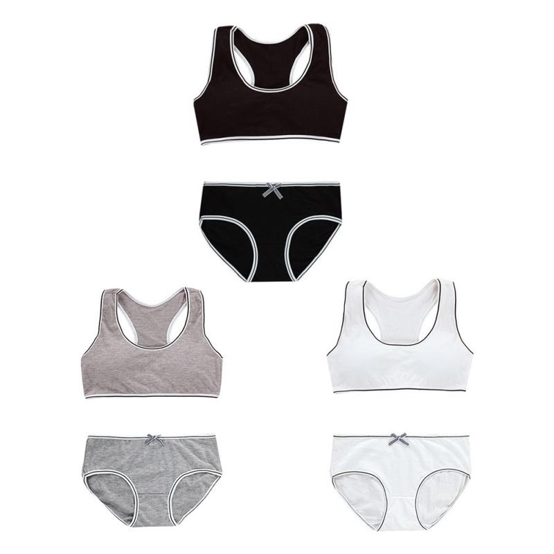 Children Girl Training Bra Soft Cotton Solid Print Casual Sports Underwear Panties Sets for 8-18 Year Old
