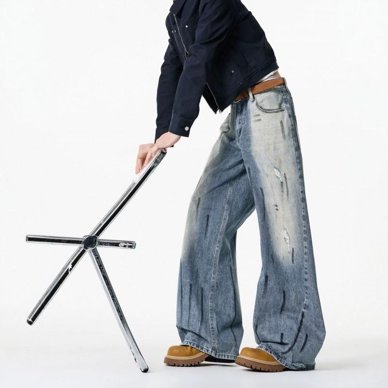 Mens Loose Wide Leg Denim Pants Light Blue Distressed Pleated Jeans American Style Streetwear