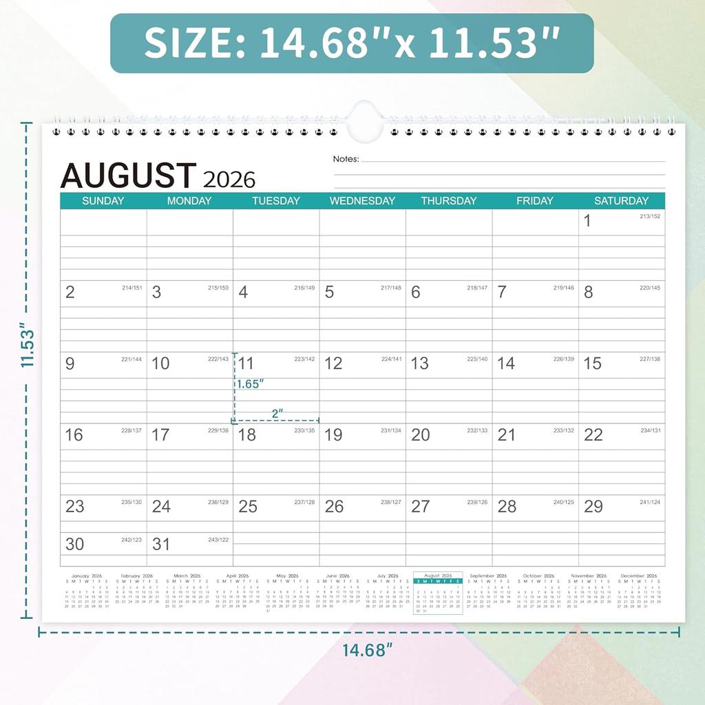 2026 Wall Calendar - Desk/Wall Calendar 2026, Jan.2026 - Dec.2026, 11-1/2"x14.68", Ruled Blocks, Spiral Bound, Monthly Calendar