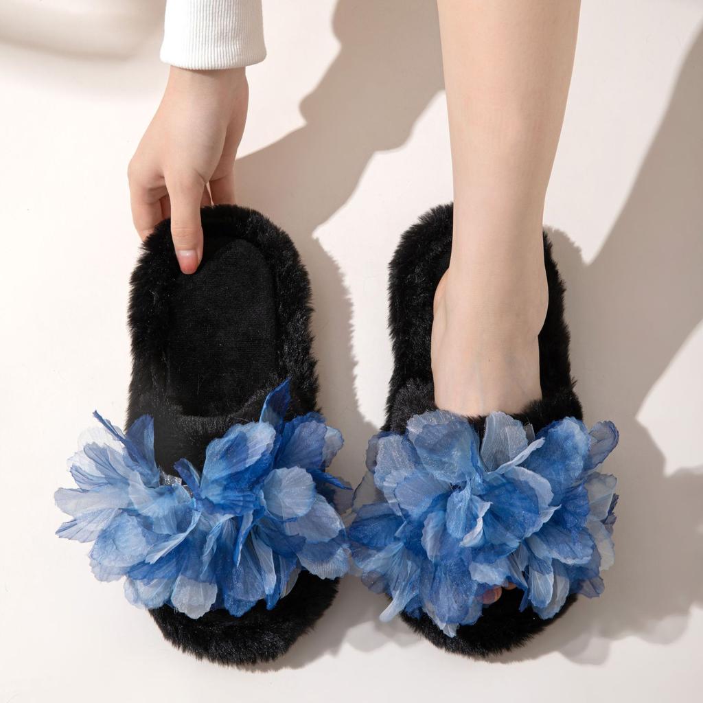 Fashion Ladies Cotton Slippers for Women New Peep Toe Shoes Autumn Female Home Non-slip Plush Flower Slippers Pantuflas De Mujer2024