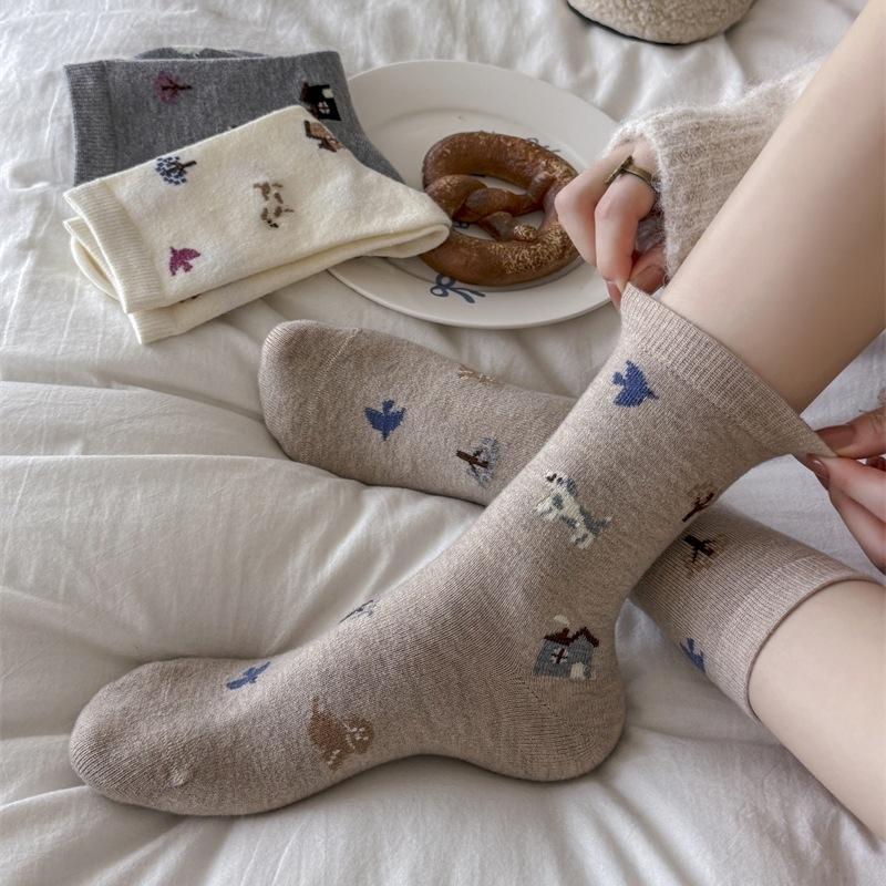 Ladies Autumn Winter Thickened Warm Cartoon Animal Cute Dog Wool Drum Pile Socks