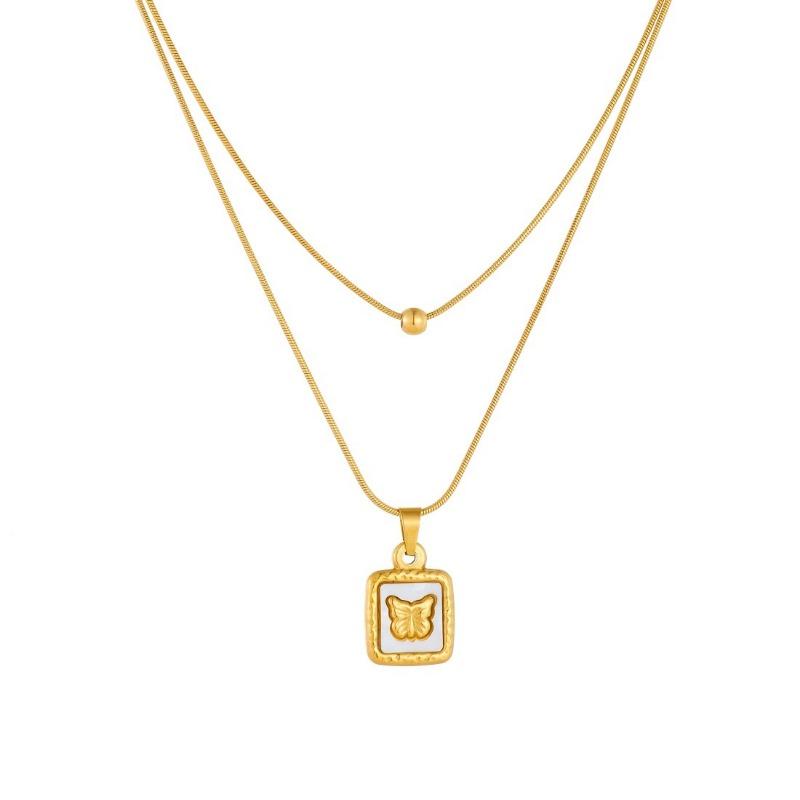 Layered Butterfly Pendant Necklace For Women Gold Plated Stainless Steel Shell Square Jewelry