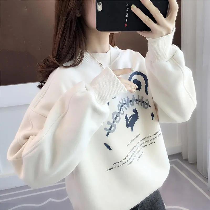 Утолщенный хлопковый свитер, женский осенний свободный топ с полувысоким воротником и мягким принтом, теплый и удобный пуловер, повседневные топы