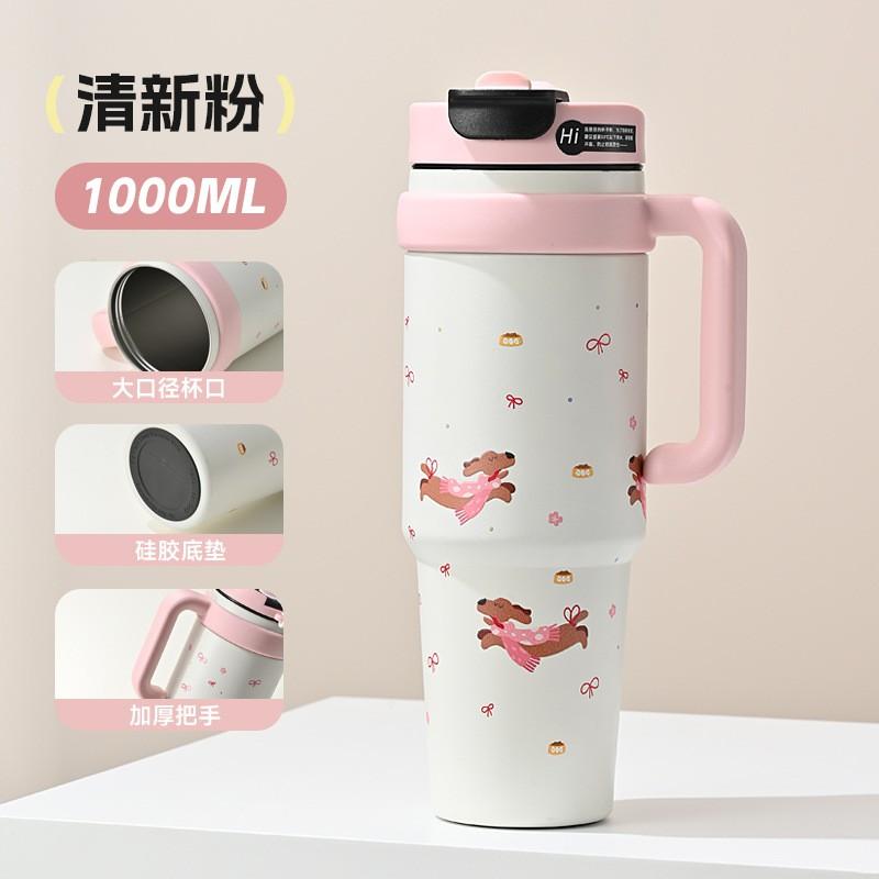 Large Capacity Vacuum Insulated Stainless Steel Tumbler With Straw Women 1000ml Leakproof Travel Water Bottle