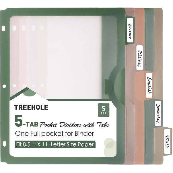 5-Tab Binder Divider with One Full Pocke Dividers for 3 Ring Binder, Clear View Recipe Binder Dividers for US Letter Size 8.5 x 11' Index Dividers