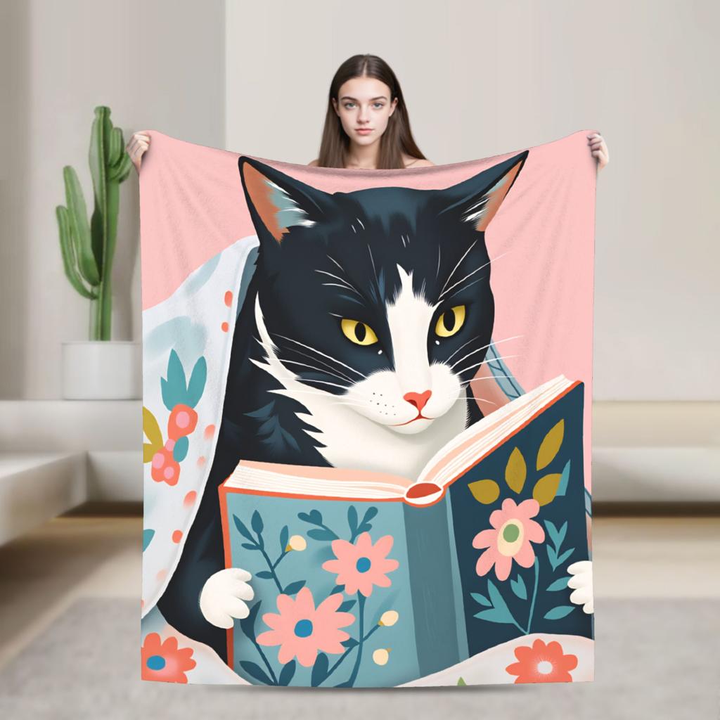 Whimsical Reading Cat Plush Blanket Girls Boys  Flannel Throw Blanket For Living Room Warm Soft Custom Quality Bedspread Gift