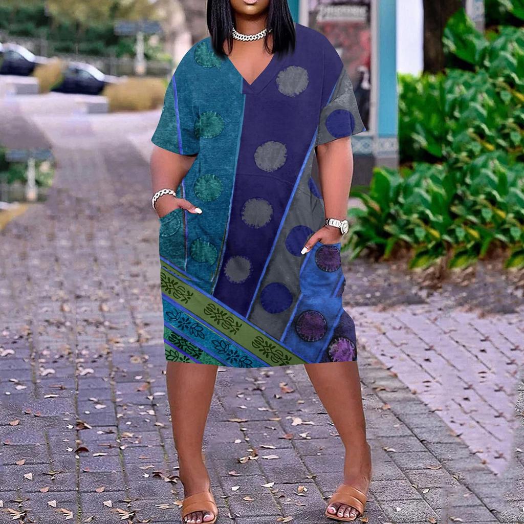 Лето плюс размер V-образным вырезом с короткими рукавами и карманами до колена с принтами повседневное платье для женщин