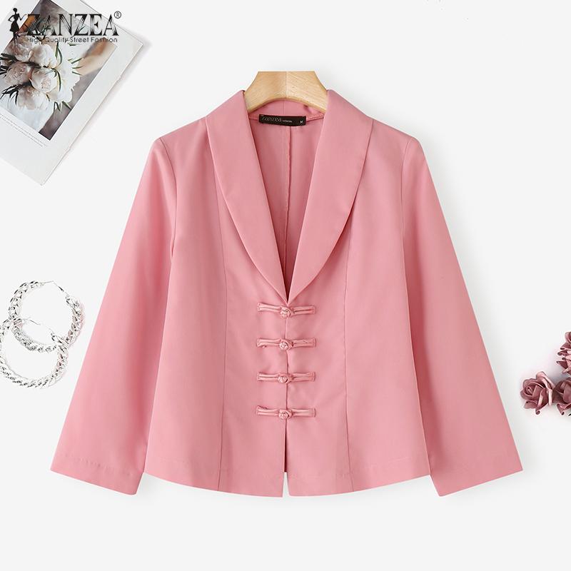 ZANZEA Женская элегантная блузка с отложным воротником, однотонная, с длинным рукавом