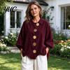 Lady Corduroy Jacket Women with Large Metal Buttons, Lantern Sleeve Casual Long Coat for Fall Winter, Loose Fit Oversized Collared Outerwear Warm