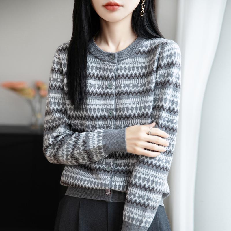 Женский кардиган с узором Fair Isle, круглым вырезом, свободной вязки - Осенне-зимний повседневный свитер-пальто с цветовыми блоками