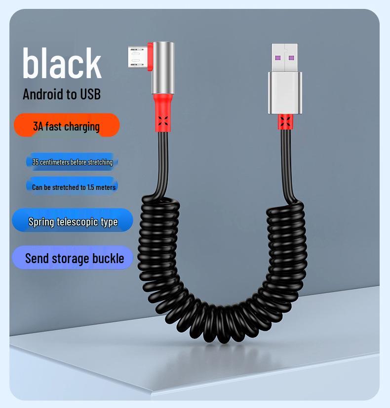 Двойной угловой пружинный выдвижной USB-кабель для быстрой зарядки 6A для телефонов и автомобилей