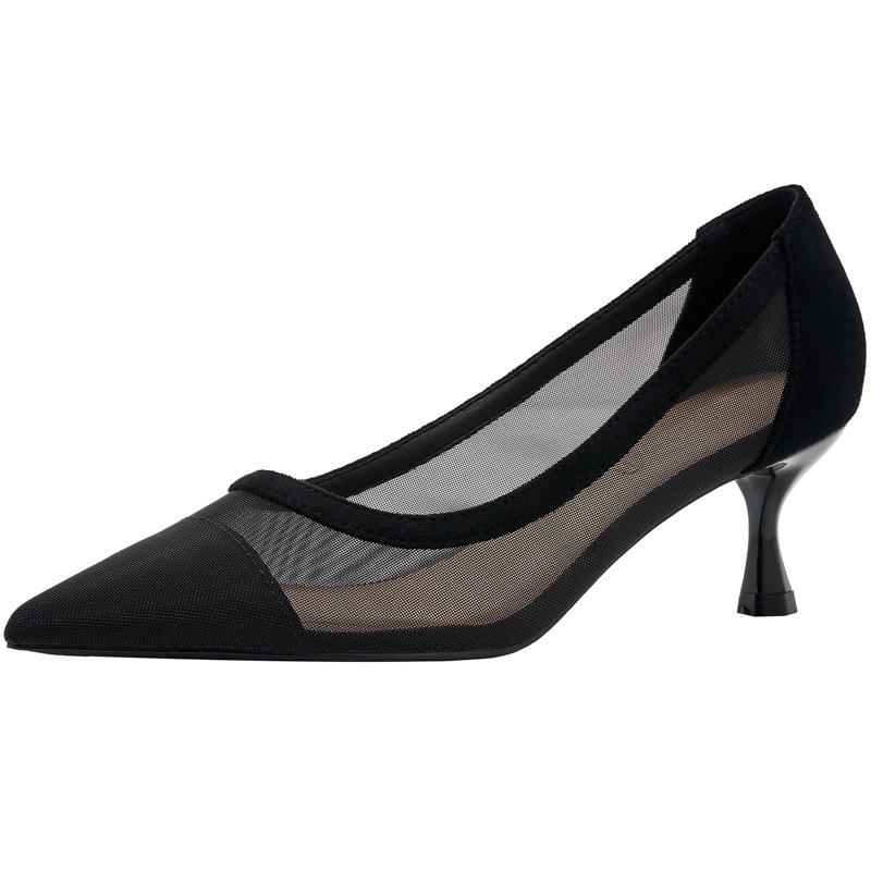 Comemore 2025 Spring Summer Thin Heels Pumps Women Pointed Toe High Heel Work Shoes Dot Mesh Vintage Elegant Shallow Stiletto 43