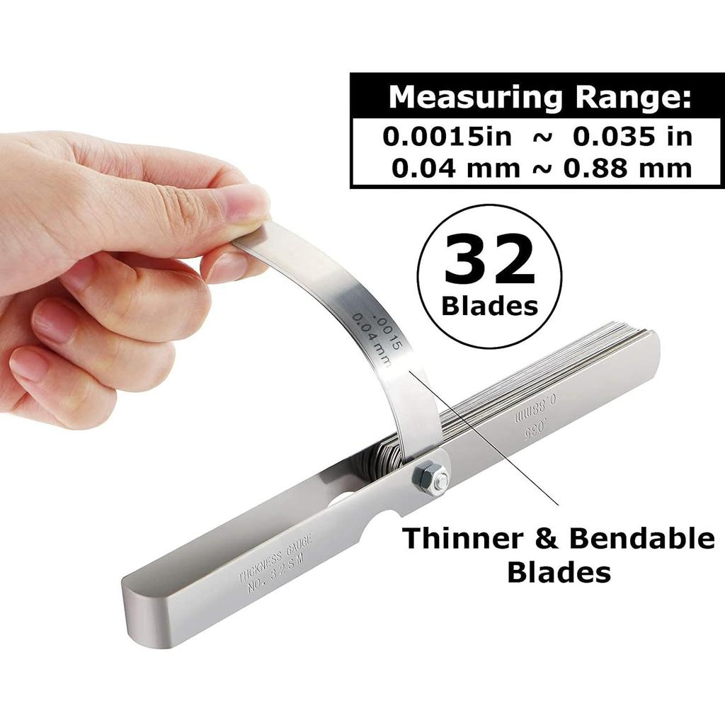 Feeler Gauges Stainless Steel 32 Blades 0.04-0.88 mm Feeler Gauge Metric/Imperial for Measuring Gap Width Thickness for Guitar, Spark Plug, Valve