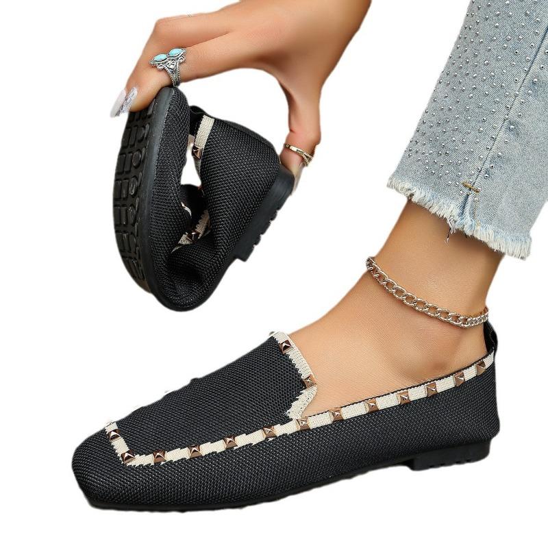 Большого размера новые вязаные туфли-одинарки с заклепками, женские, на мягкой подошве, удобные, повседневные туфли-одинарки на одной педали