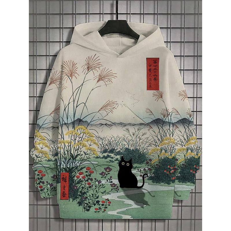 Японские толстовки с капюшоном Harajuku с 3D-принтом для мужчин, графические толстовки с изображением щупалец горного кота, повседневные свободные свитера с капюшоном и длинными рукавами