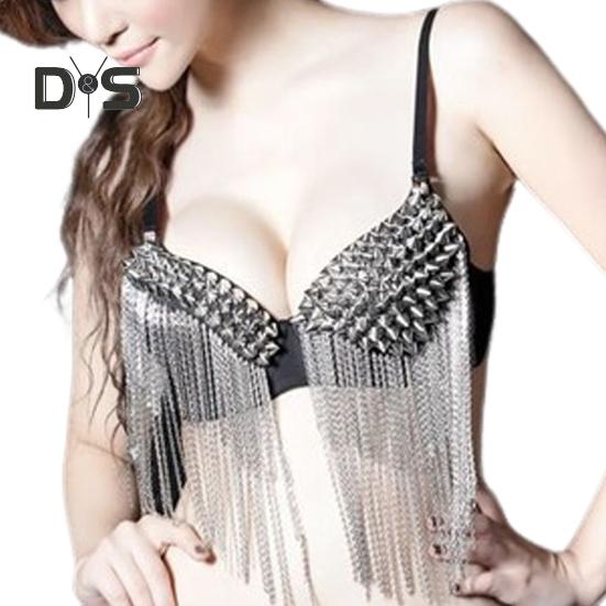 Женский бюстгальтер для выступлений с заклепками, декором, длинной кисточкой, бретельками-спагетти, для ночного клуба, вечеринок, стриптиза, шоу, коктейльных вечеринок