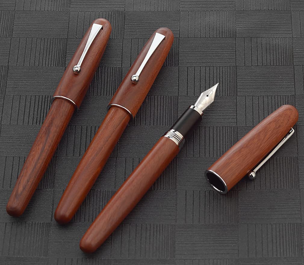 Gullor Natural Wood Fountain Pen with Medium Ink Screw and Silver Clip Nib, Converter, Cap,