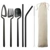 Black Portable Dinnerware Set Knife Fork Spoon Straw Set 304 Stainless Steel Travel Camping Dinnerware Set With Storage Bag