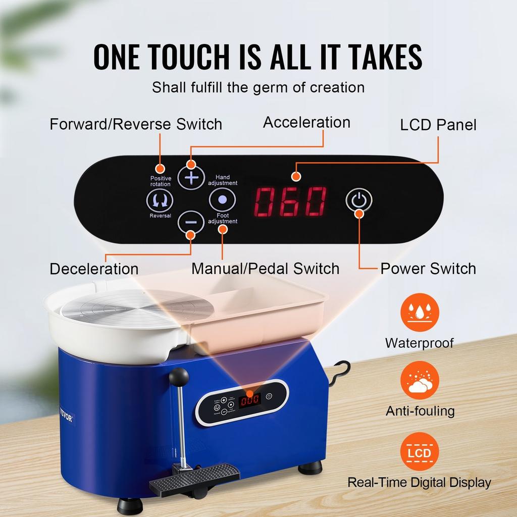 Pottery Wheel, 450W, 11 in Clay Wheel Forming Machine, 60-300 RPM Adjustable Speed with Handle and Pedal Control, ABS Detachable Basin, Accessory Kit